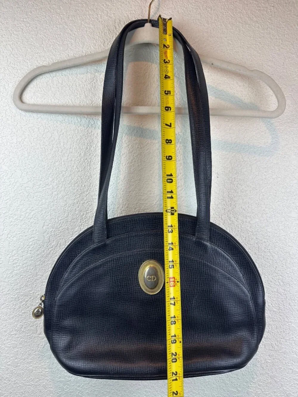 Vintage Christian Dior Navy Leather Shoulder Bag Gold Logo Made in France - Picture 3 of 16